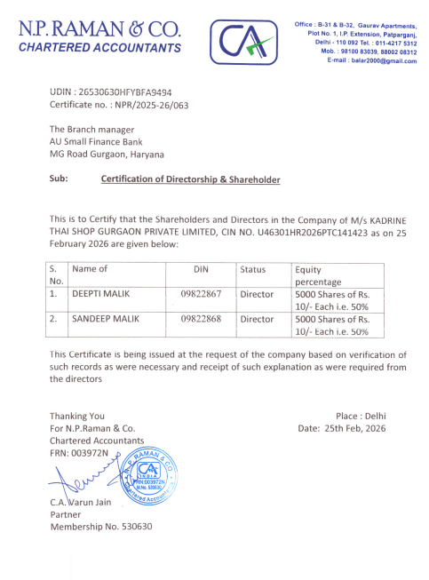 Certification of Directorship & Shareholder